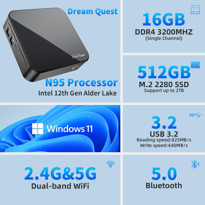 DreamQuest Mini PC Windows 11 Pro 16GB DDR4 512GB M.2 SSD Intel N95 (bis zu 3.4Ghz) Micro Desktop Computer mit HDMI/2x LAN/WiFi 5/BT 5/4xUSB3.2 für Office Klein PC Besser als N5105,Type C(Max 10Gbps)