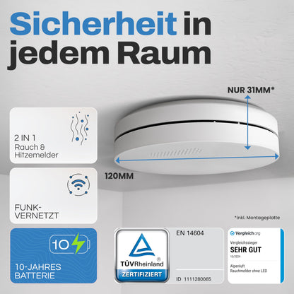 ALPENLUFT Funk-Rauchmelder & Hitzemelder 2in1, 10 Jahre, 5er Set