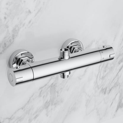 MORADO Duscharmatur Thermostat 2 Auslässe – Verchromt Rund. Regelt Temperatur und Wasserfluss für zwei Duschfunktionen präzise.