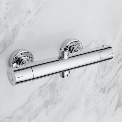 MORADO Duscharmatur Thermostat 2 Auslässe – Verchromt Rund. Regelt Temperatur und Wasserfluss für zwei Duschfunktionen präzise.