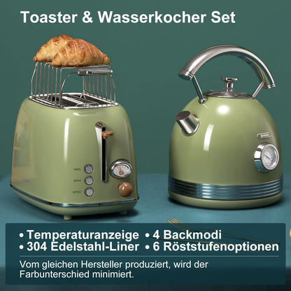 Wiltal Frühstücks-Set Toaster Wasserkocher Edelstahl Retro Grün