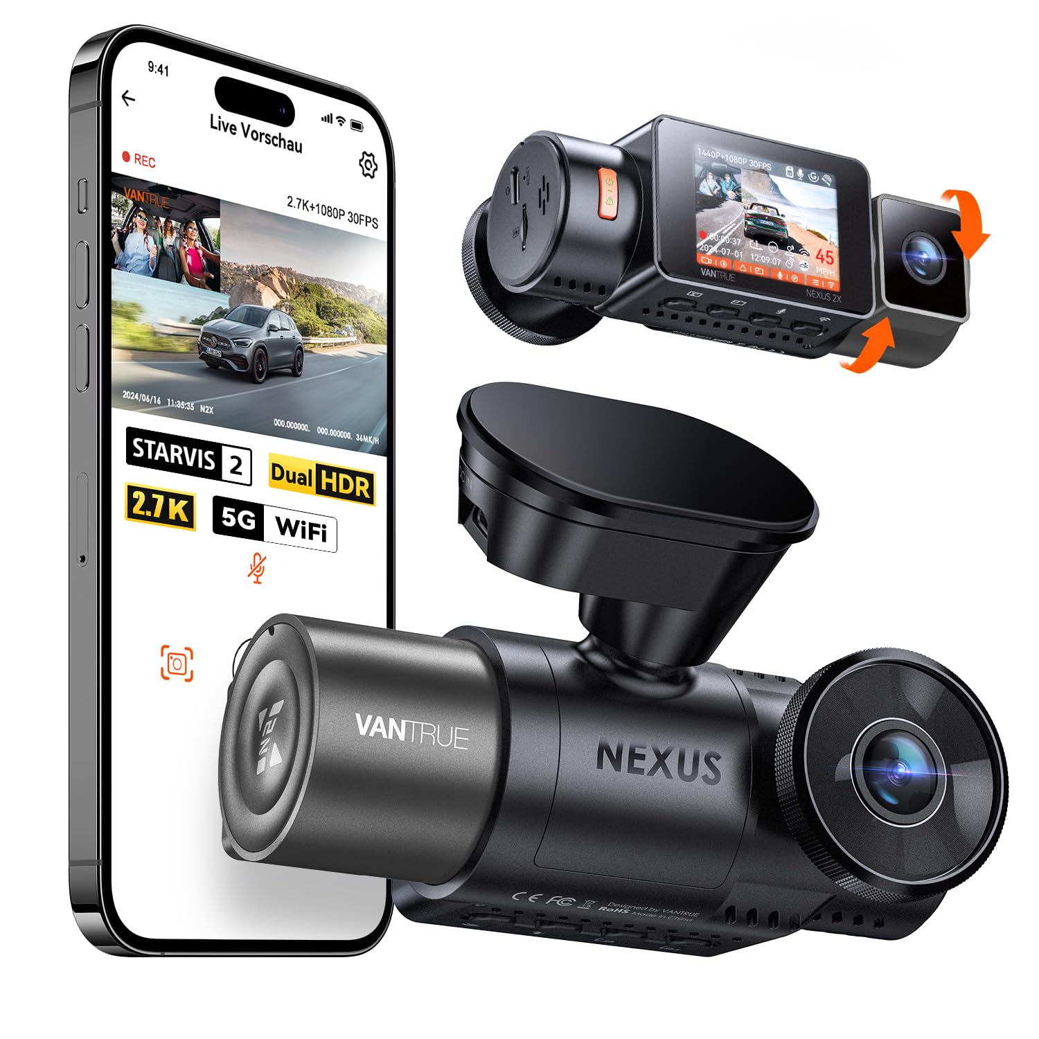 VANTRUE N2X Dual Dashcam Auto vorne innen, 2.7K+1080P HDR, GPS, WiFi mit 2-Zoll-IPS-Display und drehbarer Innenkamera