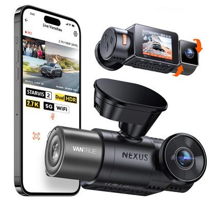 VANTRUE N2X Dual Dashcam Auto vorne innen, 2.7K+1080P HDR, GPS, WiFi mit 2-Zoll-IPS-Display und drehbarer Innenkamera