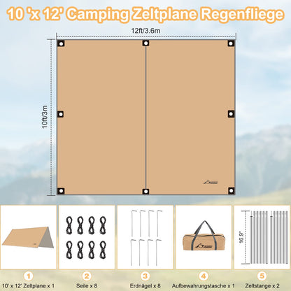 WADEO Camping Tarp wasserdicht 4 x 3 m, Zeltplane mit Stangen, Khaki
