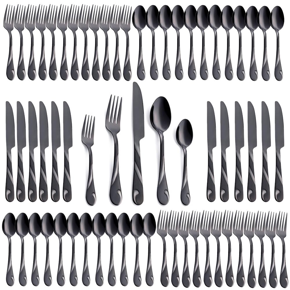 Seeshine Besteckset 60-teilig für 12 Personen – Schwarz. Schwarzes Tafelbesteck zum Servieren und Essen von Speisen.