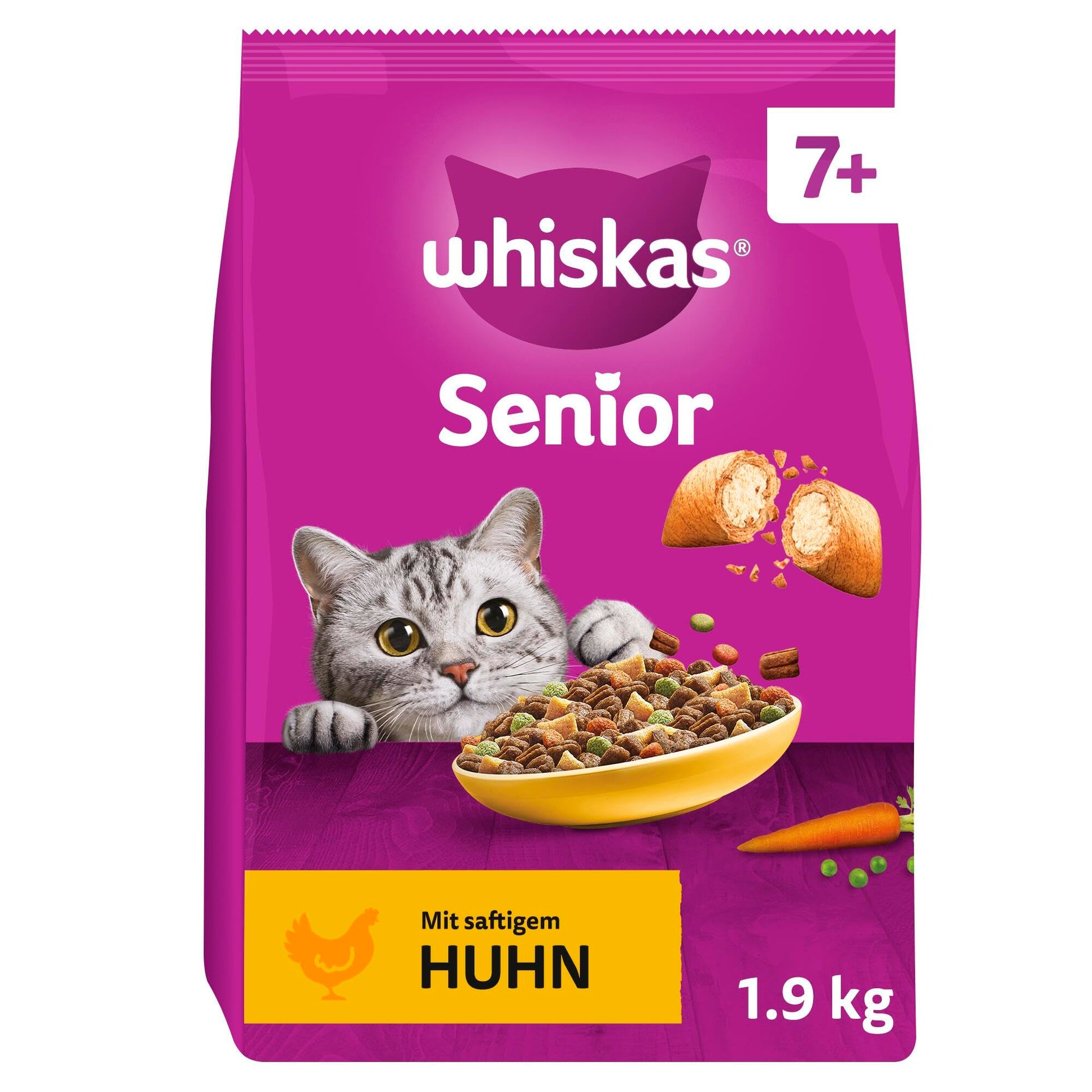 WHISKAS Senior Katzentrockenfutter mit Huhn, 4 x 1,9 kg – Trockenfutterstückchen für Katzen ab 7 Jahren