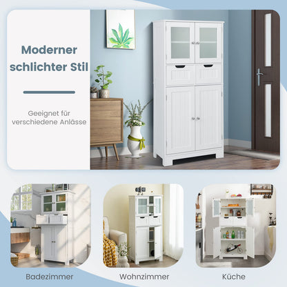 COSTWAY Badschrank mit 2 Schubladen, 4 Türen, Regale verstellbar - Weiss