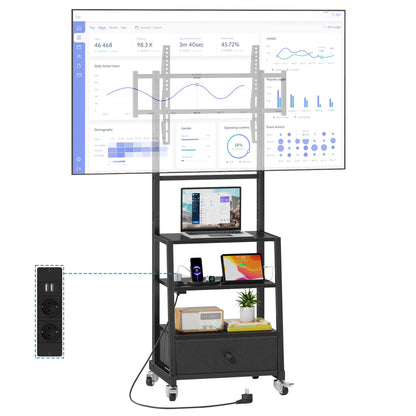 RollStand TV Ständer TV Rollwagen – Schwarz 32-75 Zoll. Mobiler, schwarzer TV-Ständer mit Rollen für Bildschirme von 32-75 Zoll.