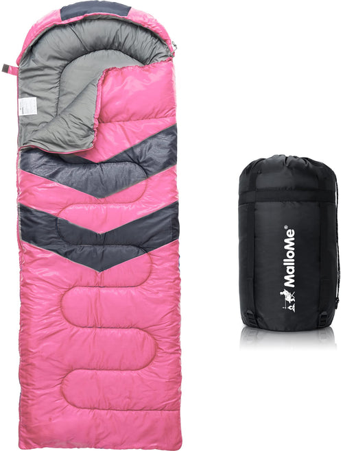 MalloMe Campingschlafsack für Erwachsene und Kinder, pink, mit Kompressionssack