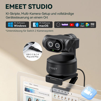 EMEET PIXY 4K PTZ Webcam mit Dual-Kamera und KI-Tracking
