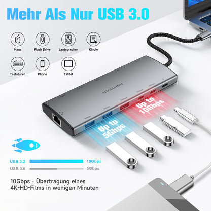 RSHTECH 12-in-1 USB C Docking Station - 2x HDMI, 100W PD