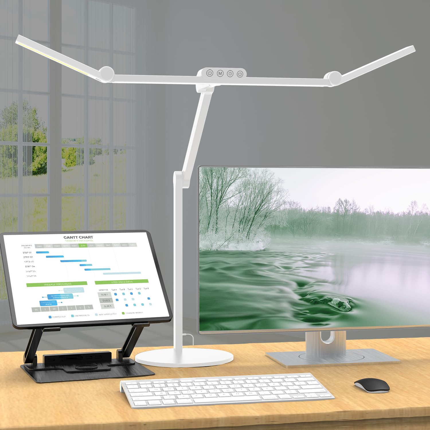 LED Schreibtischlampe 24W Dimmbar 72cm - Tageslicht mit Sockel. Hohe dimmbare Leuchte mit Sockel, spendet Tageslicht zur Arbeit.