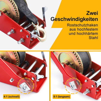 Pindex Handseilwinde mit Bremse 1600kg – 10m Gurtband Rot