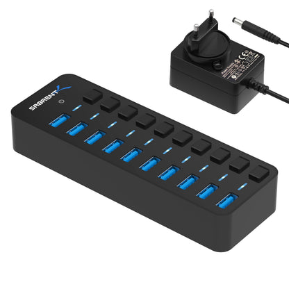 Sabrent HB-BU10 USB 3.0 Hub aktiv mit 10 Ports und 60W Netzteil, USB-Verteiler mit Ein-/Ausschalter pro Port