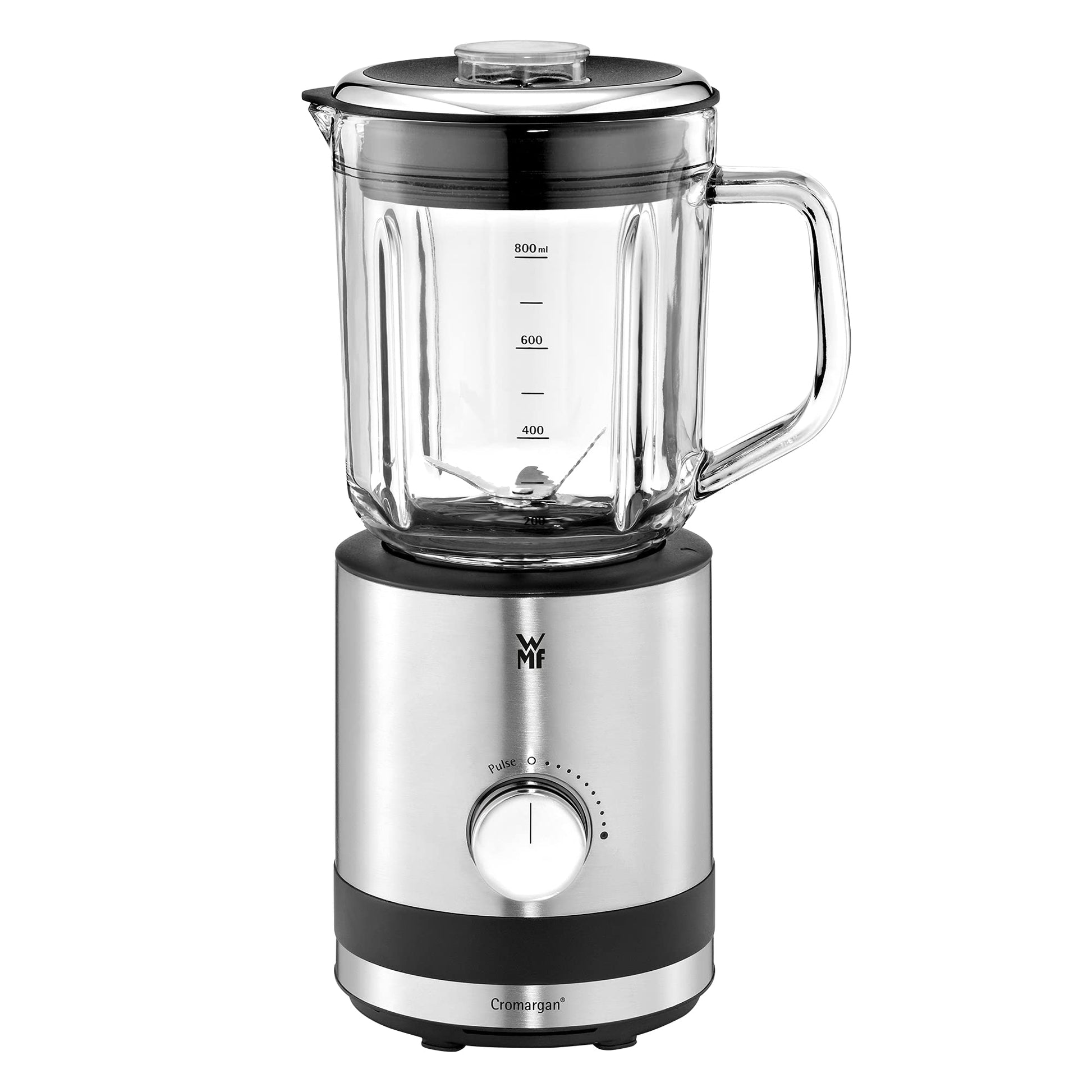 WMF Küchenminis Standmixer Kompakt - Mini Mixer. Silberner, zylinderförmiger Mini-Mixer mit Mixbecher. Zerkleinert Zutaten für Smoothies und Saucen in kleinen Mengen.
