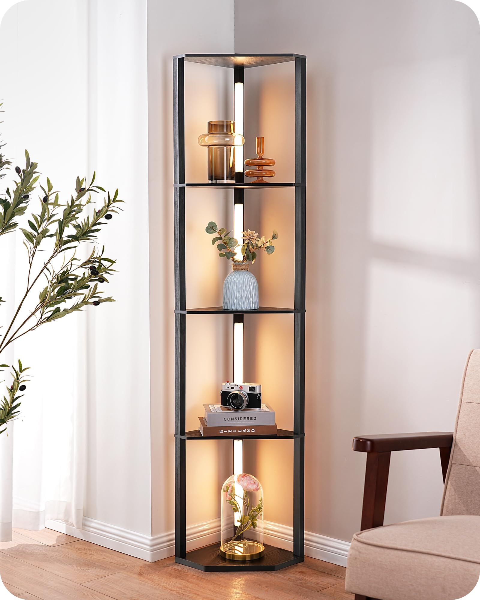 EDISHINE Stehlampe Wohnzimmer mit Regal LED 3-Farben - Schwarz. Schwarze Stehlampe mit integrierten Regalböden. Bietet dimmbares 3-Farben-LED-Licht und Ablagefläche.