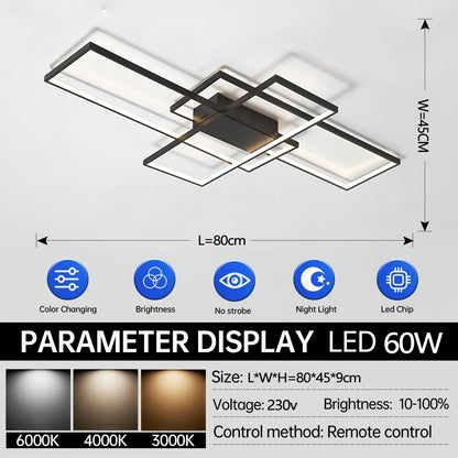ASJK LED Deckenleuchte Modern Eckig – 80cm, Schwarz mit Fernbedienung