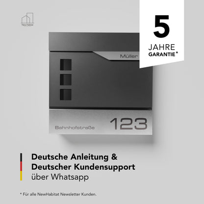 NewHabitat Wandbriefkasten Oslo Anthrazit mit Zeitungsfach und Gravur