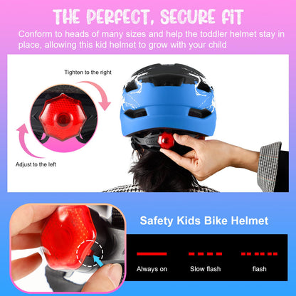 RaMokey Kinder Fahrradhelm mit LED-Rücklicht, 50-56 cm, Schwarz-Blau