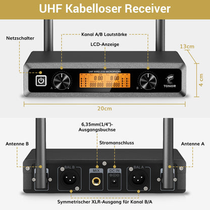 TONOR TW820 Professionelles UHF Dual Funkmikrofon - Silber