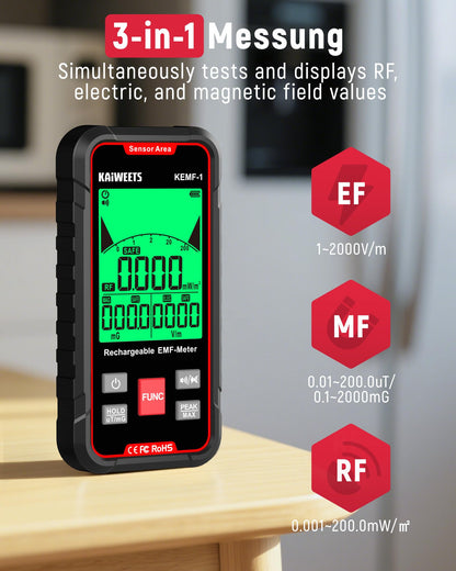 KAIWEETS EMF Messgerät KEMF-1 für EF, MF und RF mit LCD-Display