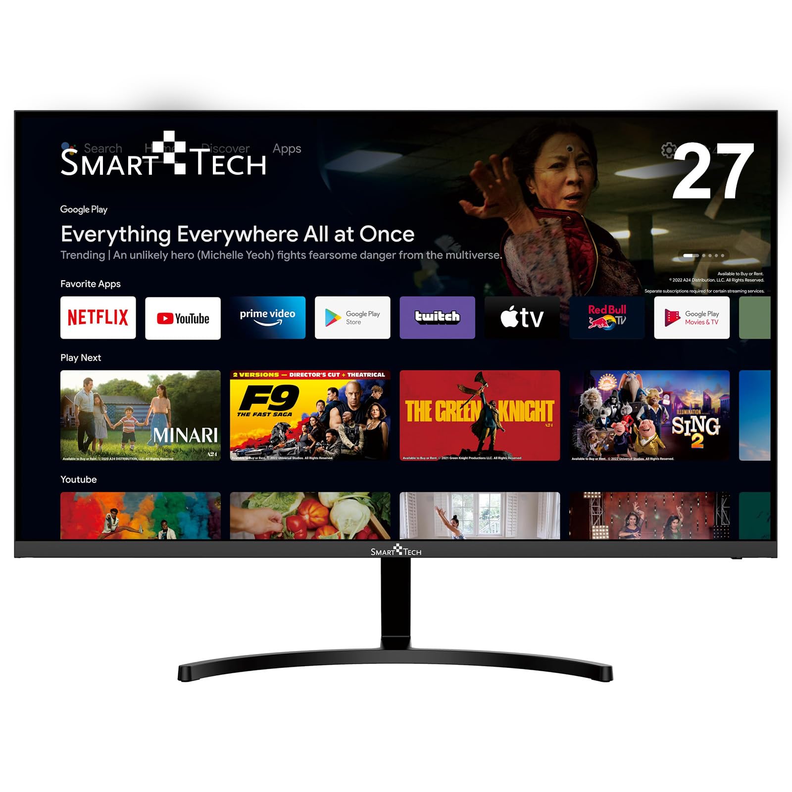 Smart Tech Smart Monitor Bildschirm - 27 Zoll FHD mit Android, schwarz, schlank, für Darstellung & Android-Apps.