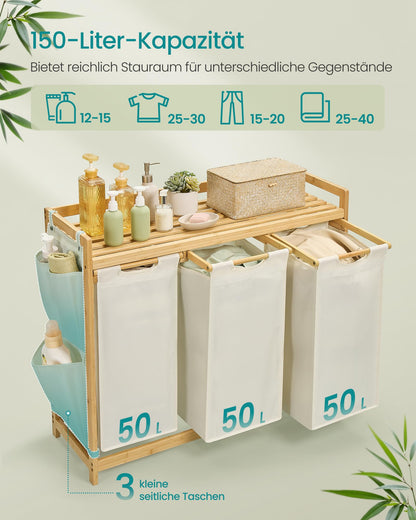 SONGMICS Wäschekorb mit 3 Fächern, Bambus, 150 L, cremeweiss