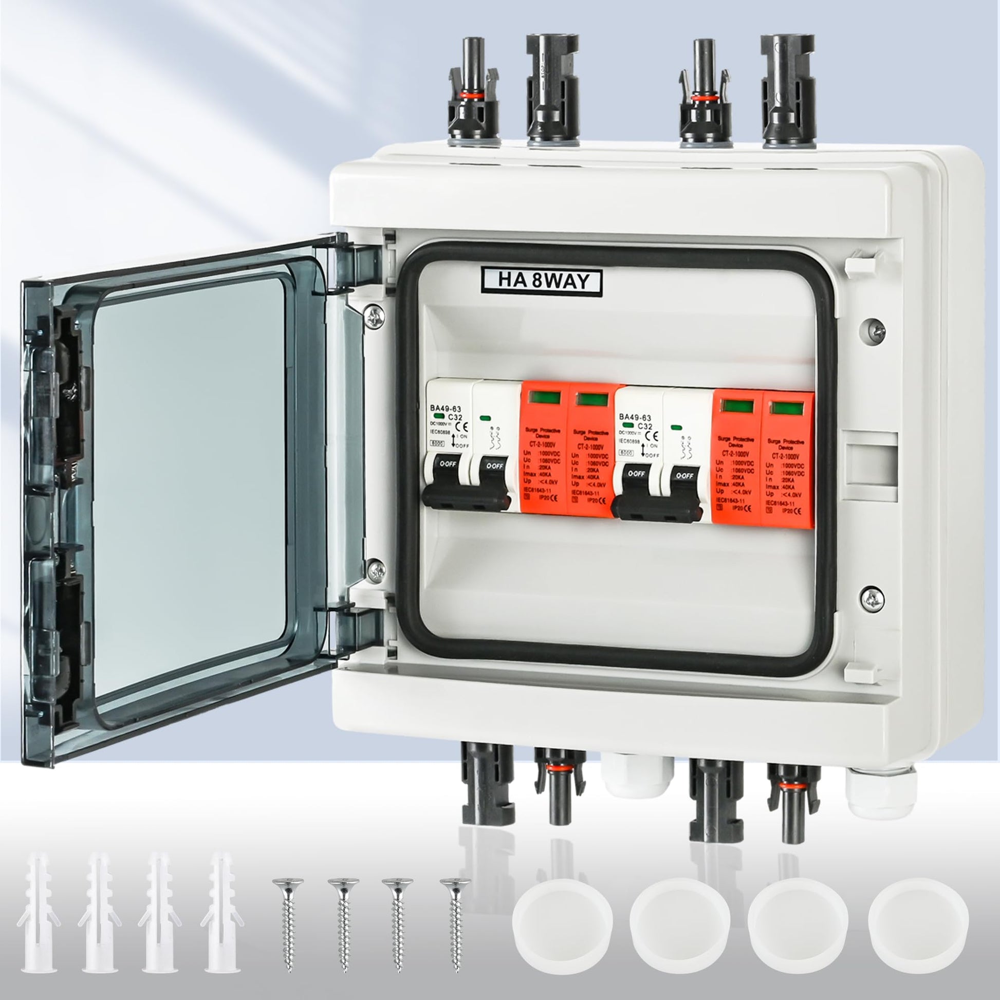 Warmfay Überspannungsschutz PV DC 1000V 32A, 2 String, IP65 – Solar Anschlusskasten mit transparenter Abdeckung