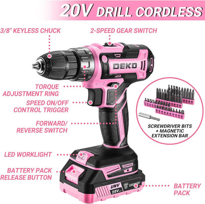 DEKO Werkzeugkoffer 186-teilig mit Akku-Bohrschrauber 20 V rosa