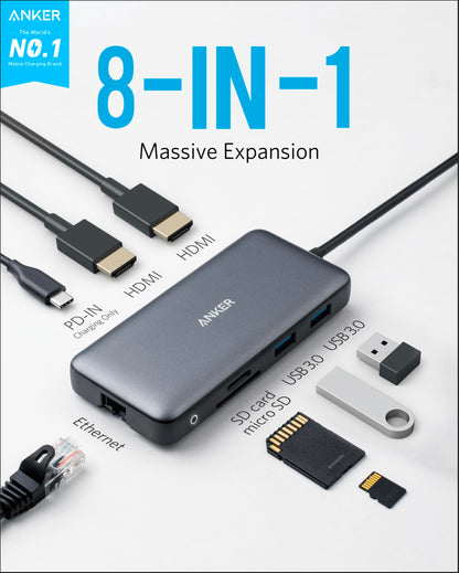Anker USBC Hub 8-in-1 Dock – Dual 4K HDMI, 100W PD, Ethernet