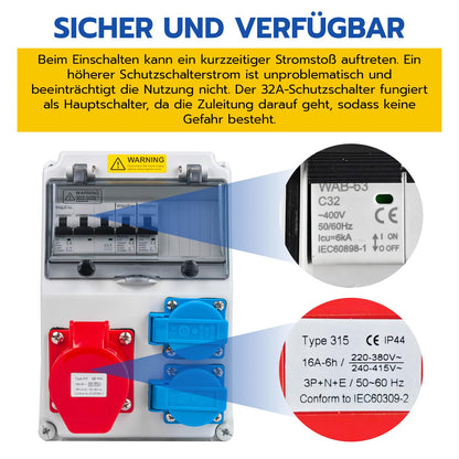 WSPIHO Baustromverteiler Wand IP44 – 2x16A 1P, 1x32A 3P LS