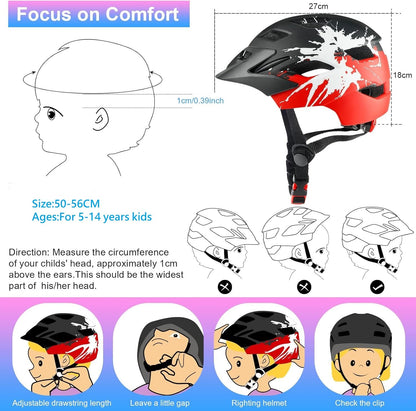 RaMokey Kinder-Fahrradhelm mit LED-Rücklicht 50-56 cm, schwarz-rot