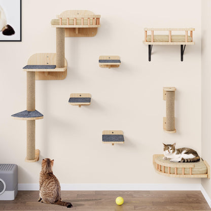 YITAHOME Katzen-Kletterwand aus Holz, 7-teiliges Kratzbaum-Set mit Sisalsäulen und gepolsterten Plattformen zur Wandmontage
