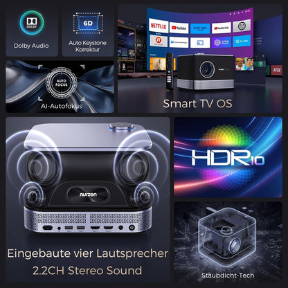AURZEN Boom 3 Beamer - 1080P Full HD 4K, Netflix 3D Dolby Audio