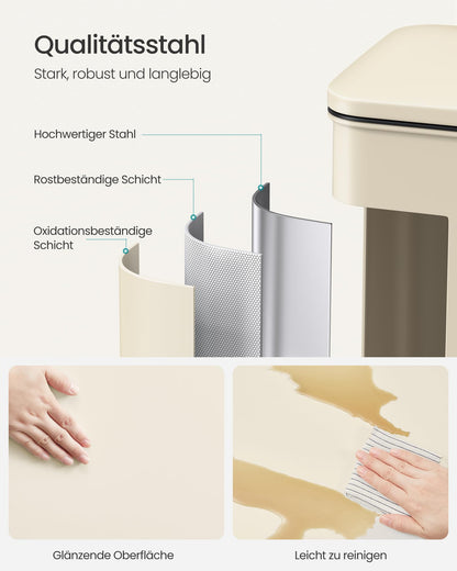 SONGMICS Tretmülleimer 40 Liter aus Stahl mit Softclose, sandbeige