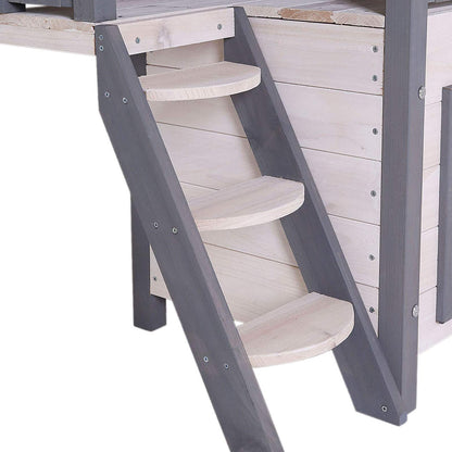 lionto Katzenhaus Outdoor mit Terrasse & Treppe - grau/weiss