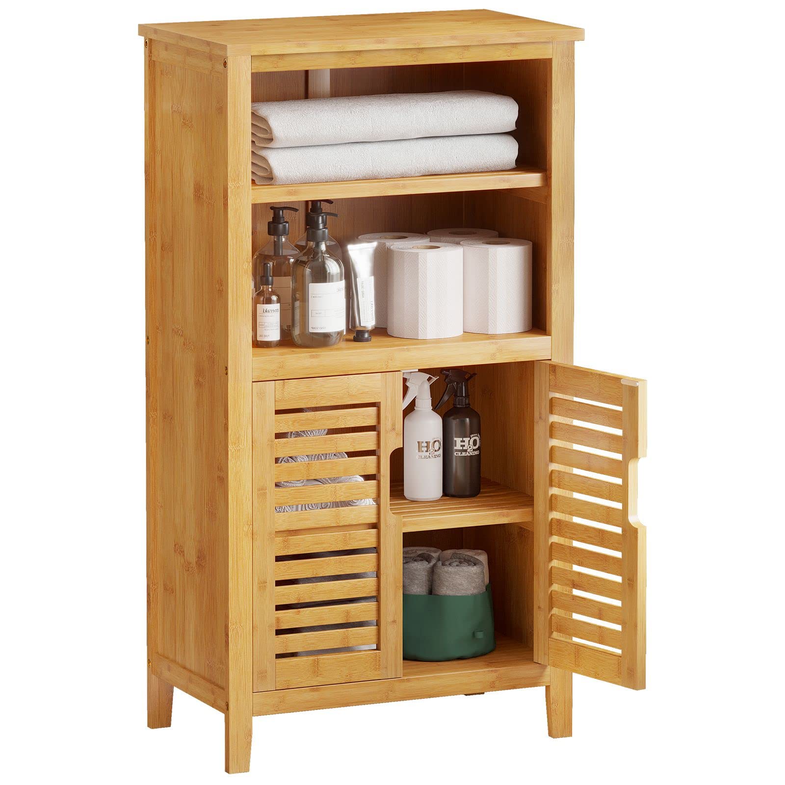VIAGDO Badschrank Bambus – 2 Lamellentüren Schrank, 50 cm. Bambus-Korpus, 50 cm breit, zwei Lamellentüren für Bad-Stauraum.