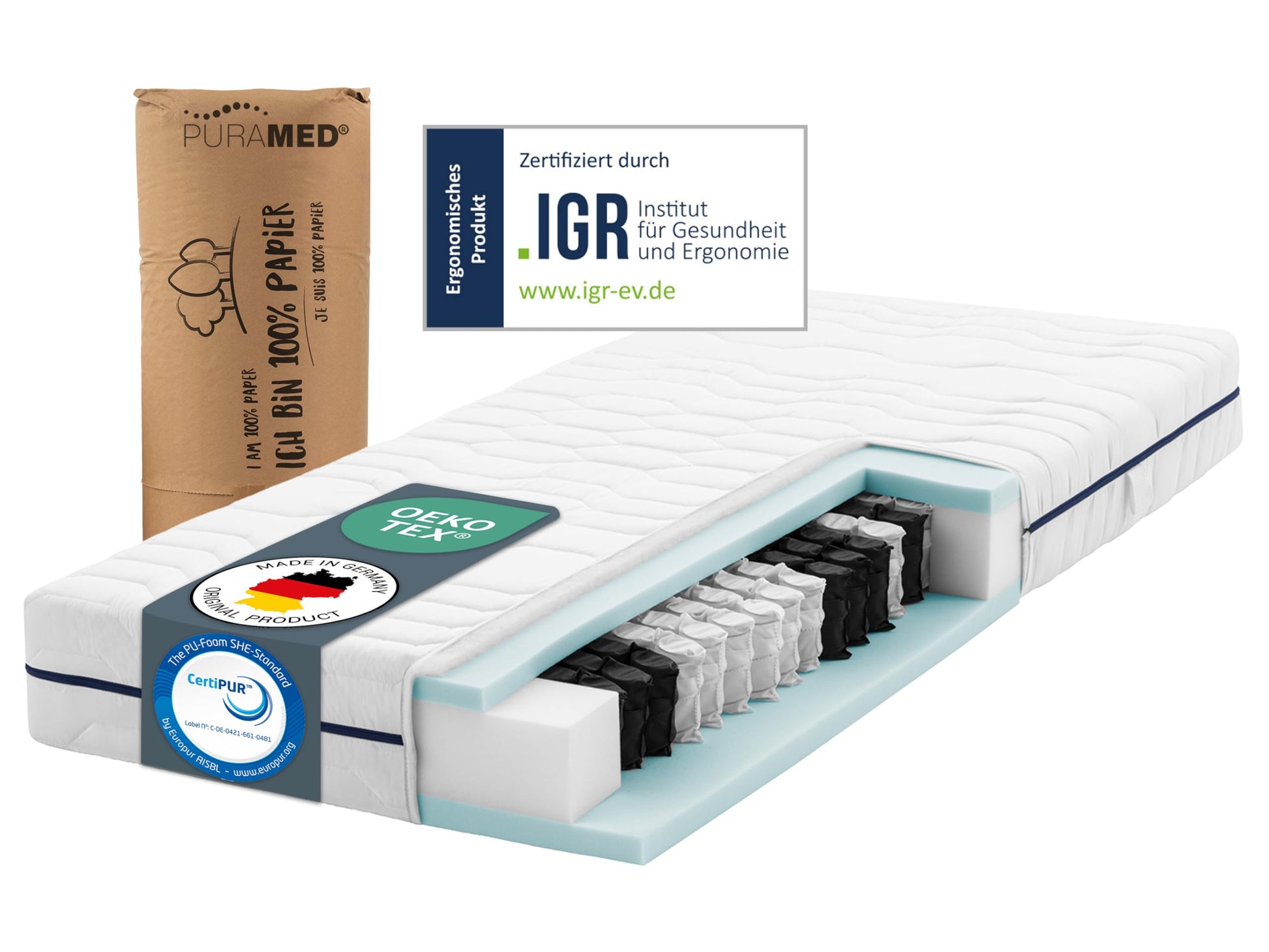 PURAMED 7-Zonen Taschenfederkern Matratze 90x200 cm H2. Weiße, rechteckige Matratze. Dient der ergonomischen Schlafunterstützung.