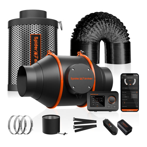 Spider Farmer Abluftset 100mm – GGS Controller WiFi, Aktivkohlefilter