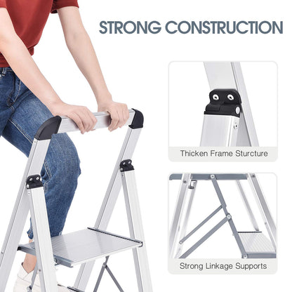 KINGRACK Leiter Aluminium, Trittleiter 2 stufen klappbar, leiter 2 stufen mit Handlauf, rutschfeste Haushaltsleiter mit Klappsicherung, Aluleiter Belastbar bis 150 kg, für Zuhause, Büro,Garten,Silber