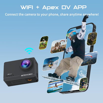 Apexcam M90 Action Cam 4K 60FPS 64MP WLAN wasserdicht mit Zubehör-Set