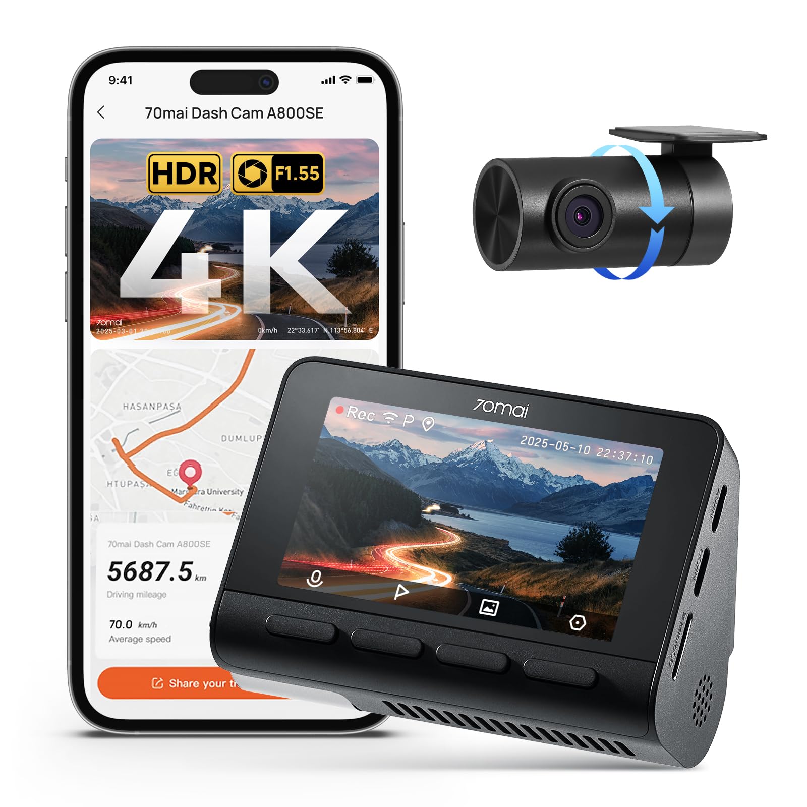 70mai A800SE Dual Dashcam 4K HDR Front- und Heckkamera Nachtsicht – kompakte Autokamera mit 3-Zoll-IPS-Display