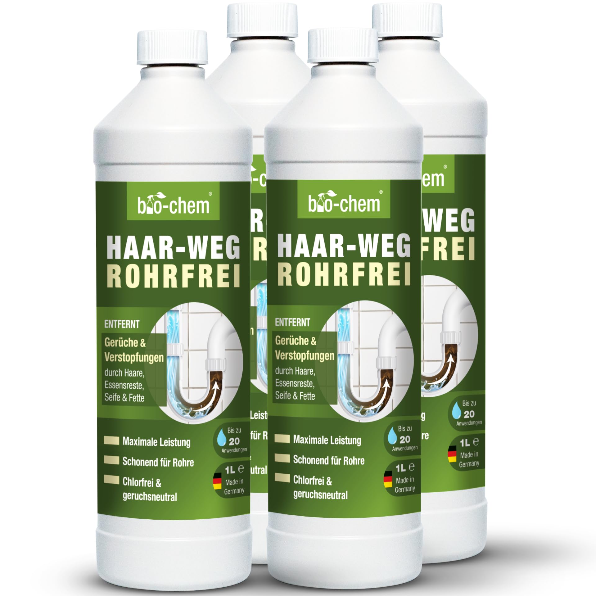 bio-chem Haar-Weg Abflussfrei Abflussreiniger - Extra Stark 4x 1L: Vier Gebinde. Löst hartnäckige Haarverstopfungen in Abflüssen und Rohren.
