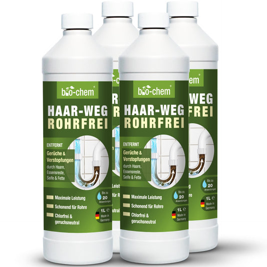 bio-chem Haar-Weg Abflussfrei Abflussreiniger - Extra Stark 4x 1L: Vier Gebinde. Löst hartnäckige Haarverstopfungen in Abflüssen und Rohren.