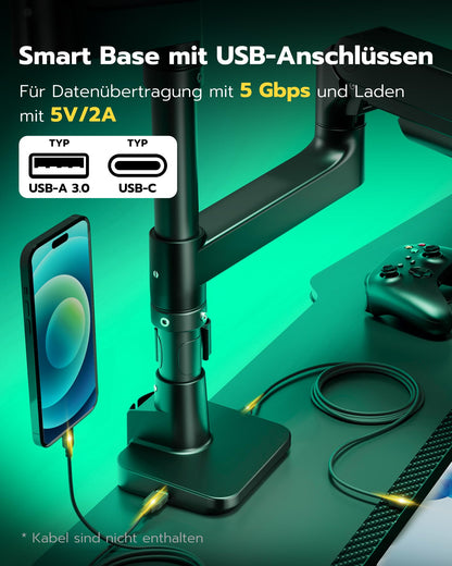 ARES WING Dual Monitorhalterung Übereinander, Gasfeder & USB-Port