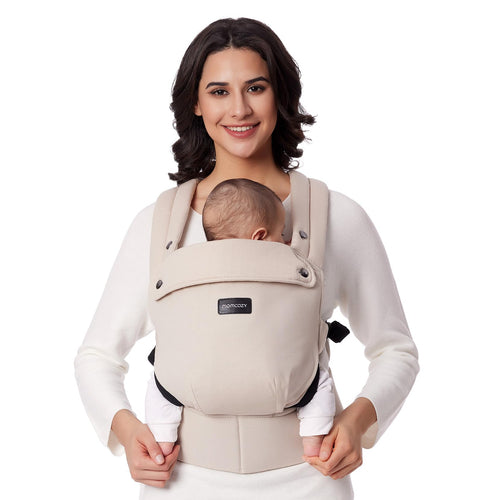 Momcozy Babytrage aus 100% Baumwolle, ergonomisch, Khaki, 3,2-20 kg mit X-Rücken und Taillengurt