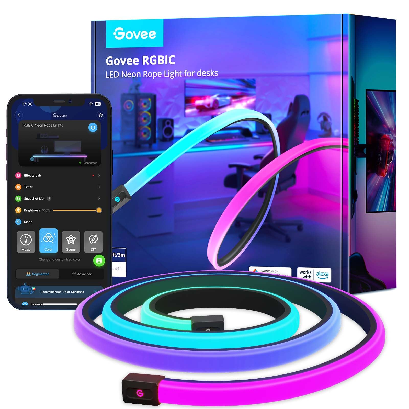 Govee Gaming Neon LED Streifen 3M RGBIC Smart - Blendfrei. Flexibler RGBIC-Streifen für smarte Gaming-Hintergrundbeleuchtung.