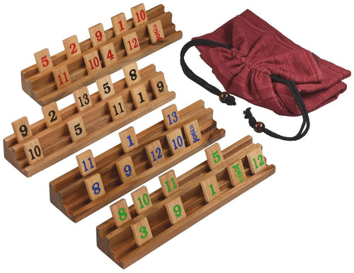 LOGOPLAY Rummy Legespiel aus Holz mit 108 Spielsteinen im Stoffbeutel, Halterungen aus dunklem und hellem Holz
