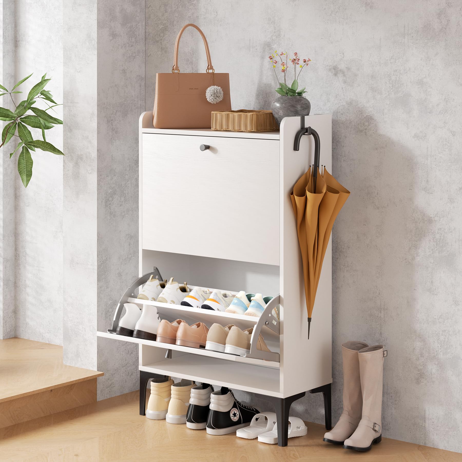 Dripex Schuhschrank weiss, 2 Flip-Schubladen, schmal. Weißer, schmaler Schrank mit 2 Flip-Schubladen. Dient der platzsparenden Schuhaufbewahrung.