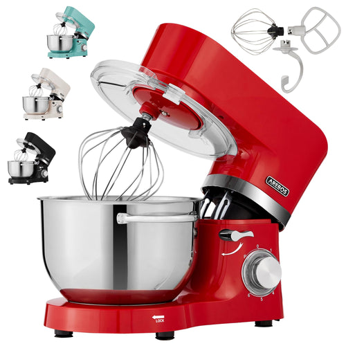 Arebos Küchenmaschine 1500 W, Knetmaschine mit 2 Schüsseln, Rot mit Neigungskopf und blauer LED-Anzeige